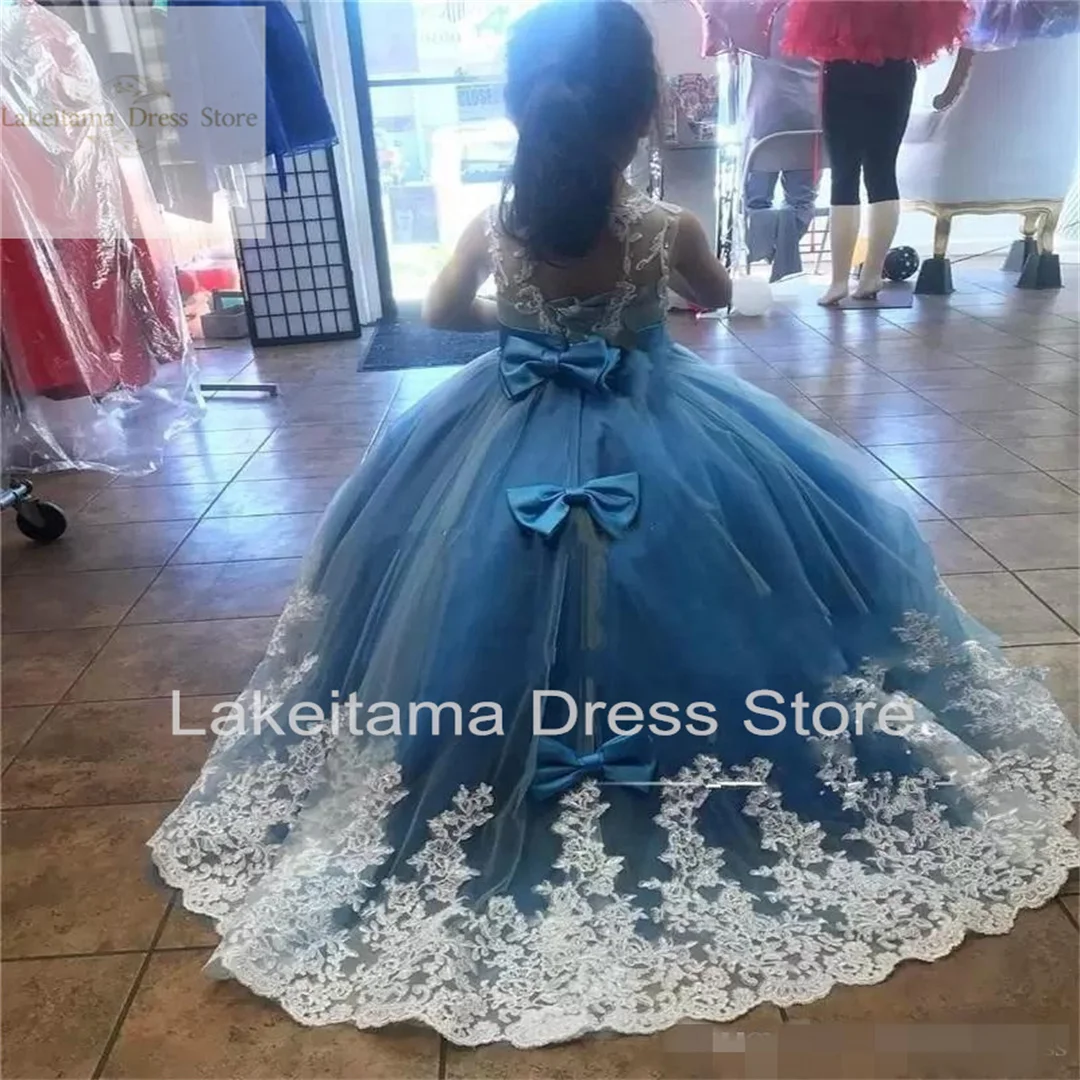 

Flower Dresses Blue Girls' Lace Applique Bow Ribbon Sleeveless Floor Length Jewel Beck Pageant Ball Gown Little Girl Formal Ocn