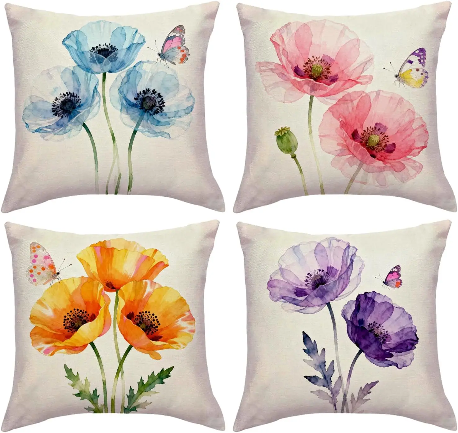 

4Pcs Watercolor Poppy Throw Pillow Covers, Colorful Floral and Butterfly Cushion Cases for Living Room Bedroom Sofa Home Decor