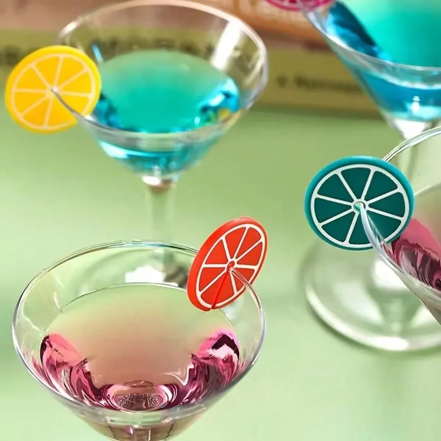 8 ornements en verre et silicone en forme de citron, marqueur de verre à vin, marqueur de verre à vin pour fête, réutilisable, adapté pour bar, fête, cuisine