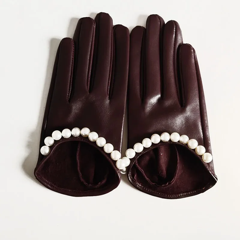 Women's Spring Autumn Pearl Beaded Natural Sheepskin Leather Glove Female Fashion Genuine Leather Driving Glove R2133