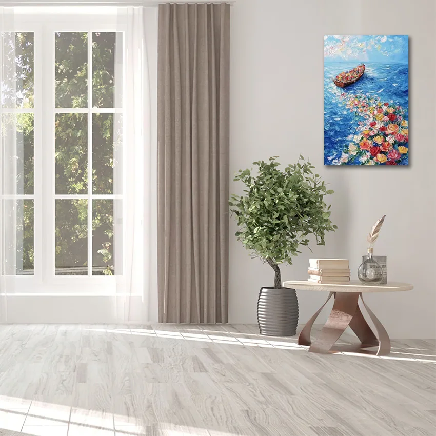 

Абстрактный пейзаж с цветами и морем, картина на холсте, современная рисованная вручную картина с изображением лодки, без рамы, настенная живопись с изображением природного пейзажа