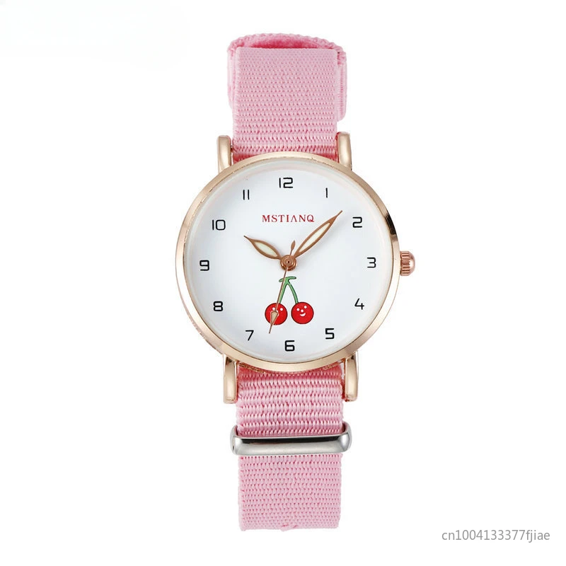 Reloj de cuarzo de lona para niñas, relojes bonitos de estilo princesa para niños, relojes de pulsera de cereza encantadores para estudiantes