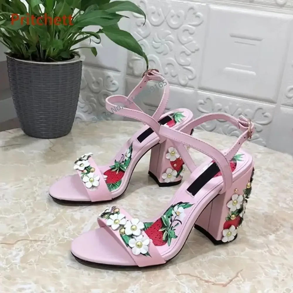 

Light Color Flower Sandals Chunky Square Heels Round Toe Straight Strap Women's Shoes Ankle Band Buckle Strap Vocation Shoes