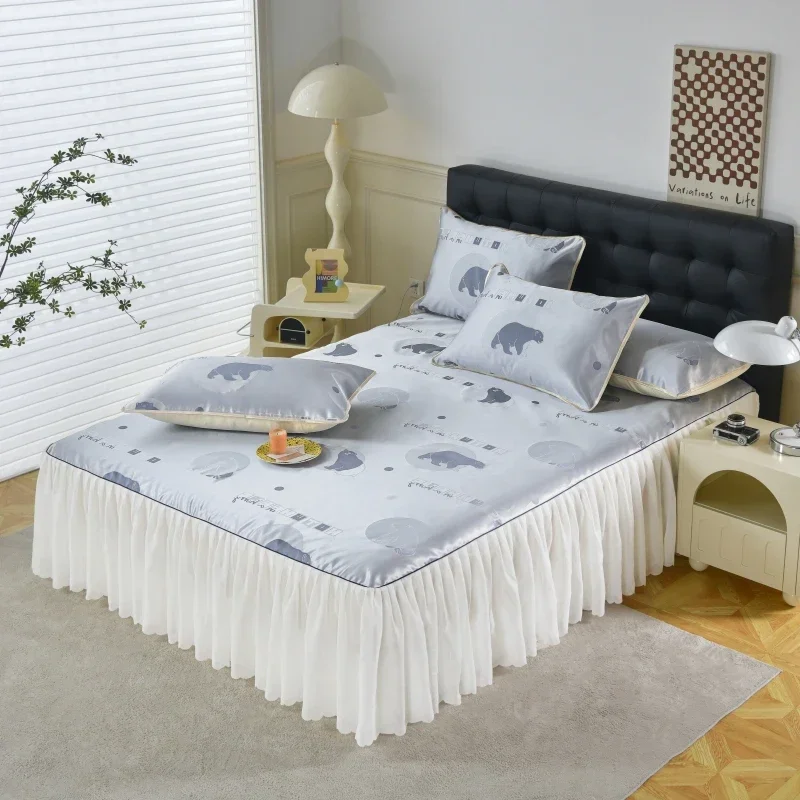 3pcs Smooth Ice Silk Bed Skirt Set Cartoon Bear Print Bedding Bed Cover Boys Girls Room Skin-friendly Ruffle Design Bedspread