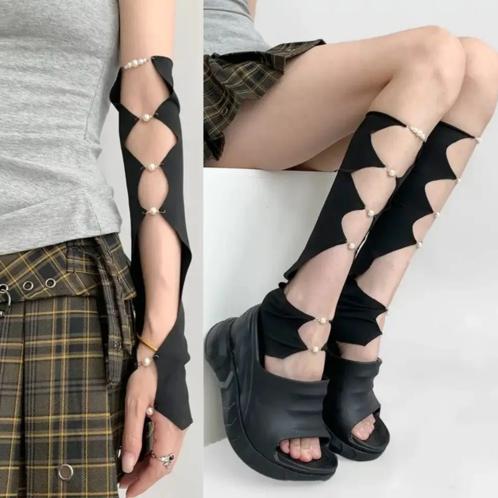 Fashion Cool Black Punk Arm Sleeves Thin Springy Pearl Half Finger Arm Cover Y2K Leg Socks Hollowed Calf Sleeve Girls