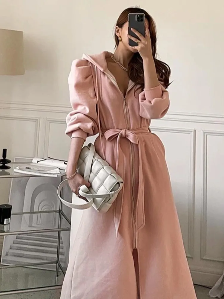 East Gate Chic Thiened longue fermeture éclair fendu à capuche vêtements d'extérieur décontractés confortable longue Sve lanterne Sve couleur Sweat