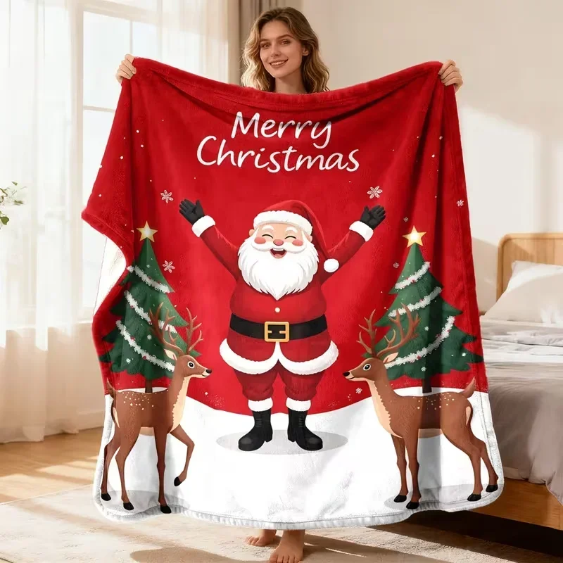Cartoon HO HO HO Xmas Tree Print Blanket Soft Warm Throw Blanket for Living Room Bedroom Festive Christmas Home Decor