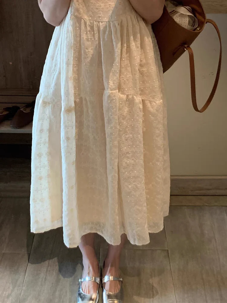 Korean Fashion Off-white Dress Women Summer Embroidered Midi Dress Female Elegant Vintage Loose Casual Puff Sleeve Party Dress
