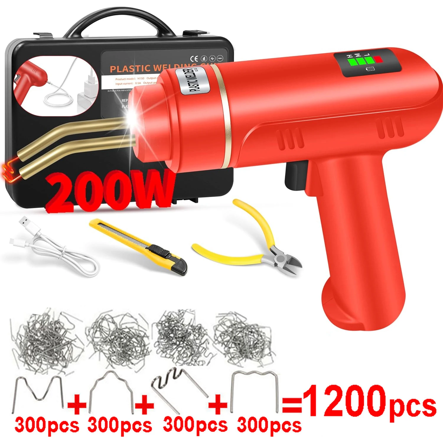 200W Cordless Plastic Welder Plastic Weld Kit with 4 Tpyes Hot Staples Plastic Welding Machine Tool 5.0Ah Rechargeable Battery