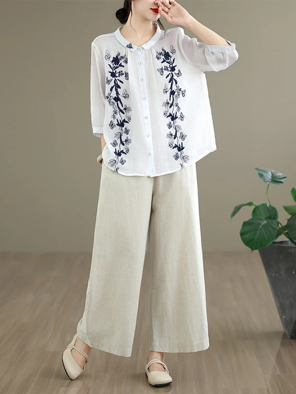 

Retro Embroidered Cotton Linen Loose Casual Mid-Sleeve Shirt for plus Size Women Summer New Style Open Cardigan Top