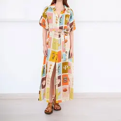 Print Holiday Shirt Dress Women High Waist Slim Sleeveless 2025 Summer Beach A-line Suspended Dress Square Collar Long Robe