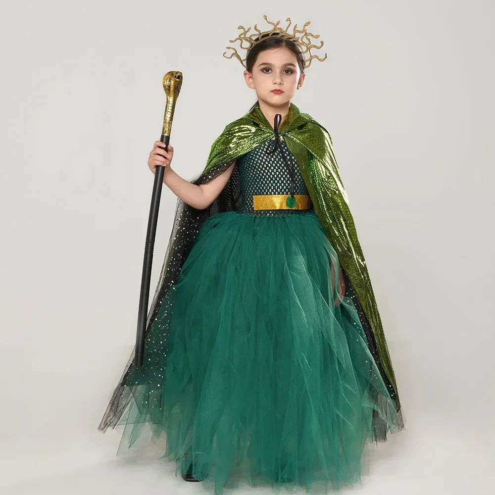 Children Medusa Cosplay Costume Girls Fancy Greek Queen Green Tutu Dress with Headband Cape Set Kids Stage Performance Costumes