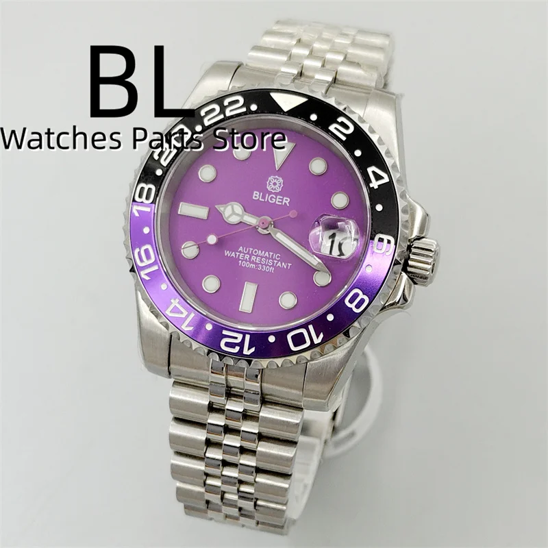 BLIGER 40mm Men\'s Automatic NH35 Dive Watch Sapphire Glass Rotating Bezel Fuchsia Black Pink Purple Dial Purple Hand Screw Crown