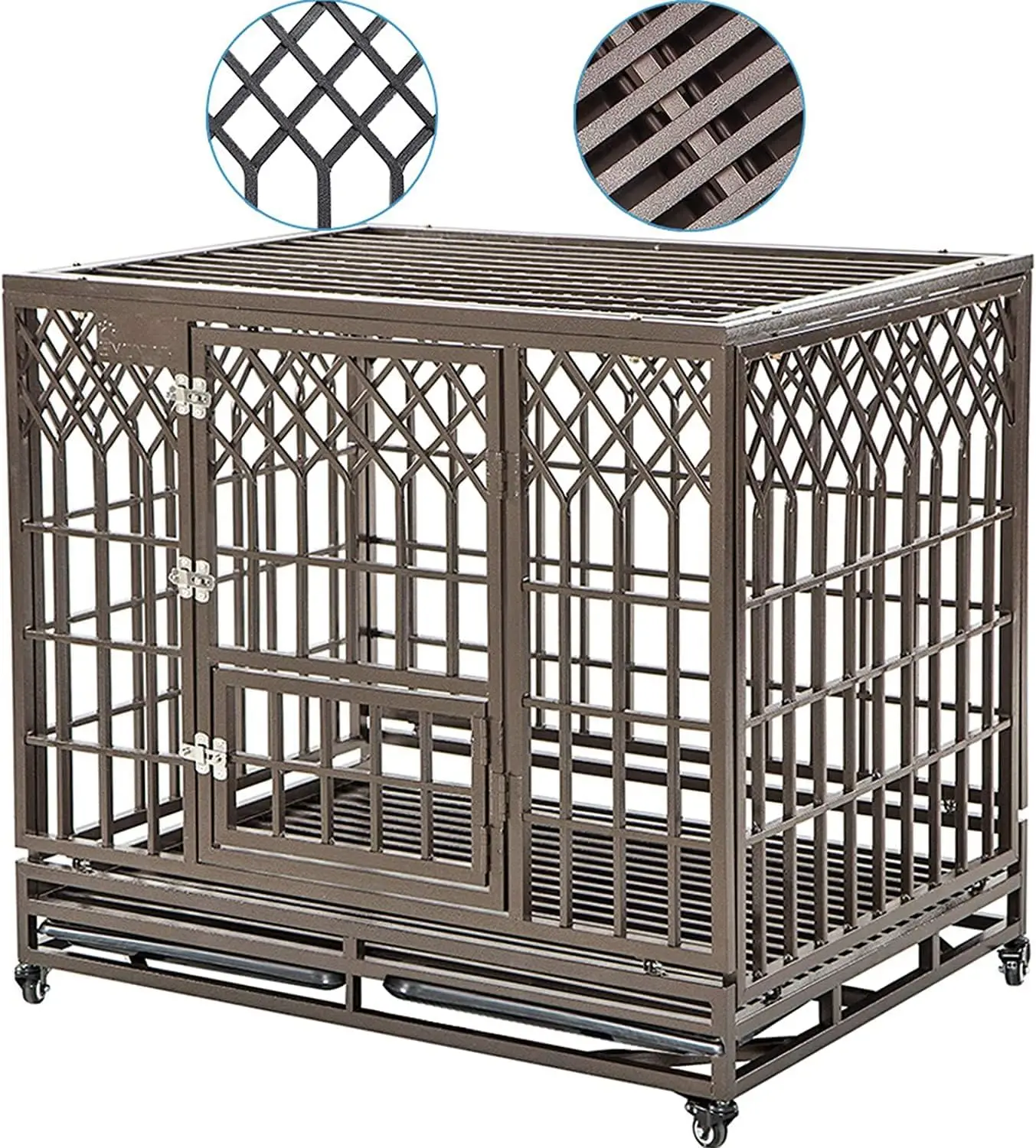 Large Dog Strong Metal Kennel and Crate Pet Playpen with Three Doors, Four Wheels,42 Inch