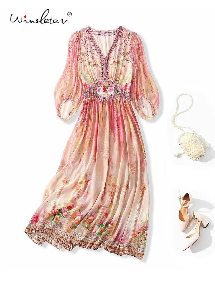 

Элегантное платье Winsleter из 100% натурального шелка, с рукавом 3/4 и принтом в виде ромбов, женское, для отдыха на море, летнее, новинка 2026 года, D63708CC