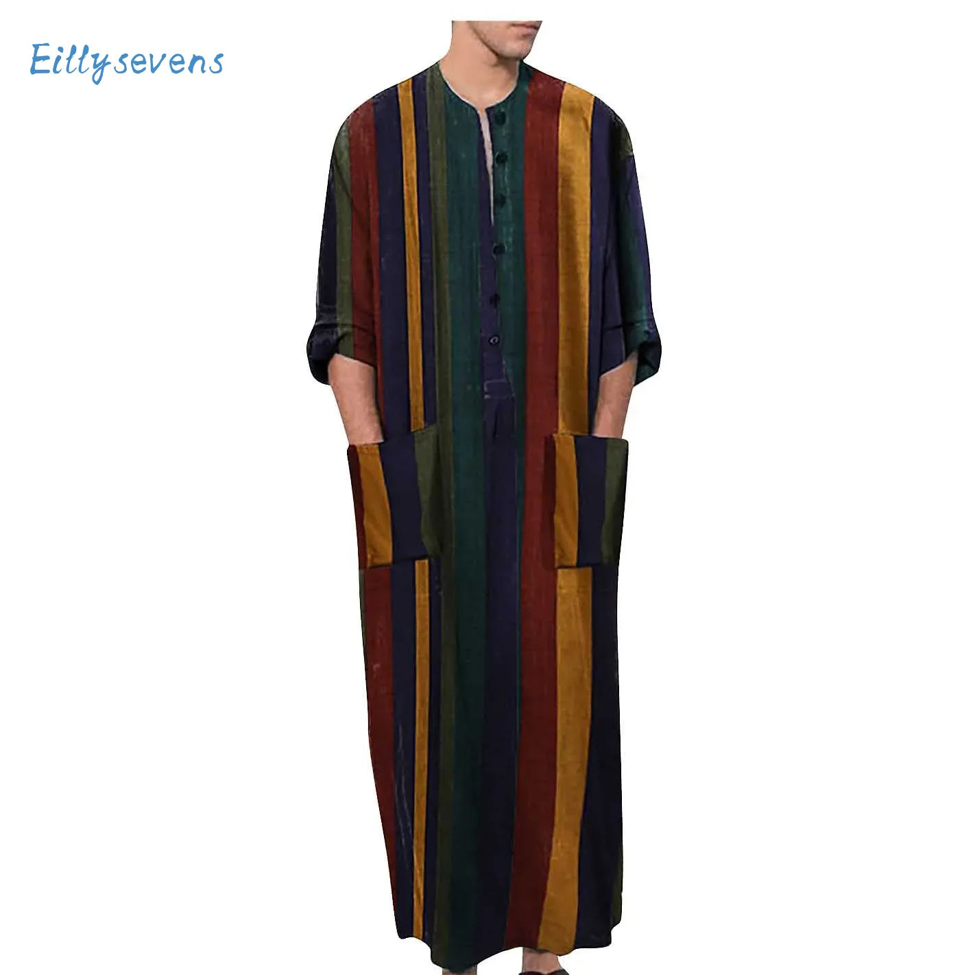 Men'S Muslim Robe Long Sleeve Cotton Striped Robes Summer Islamic Arabian Kaftan Suit Middle East Dubai Abaya Retro Clothing