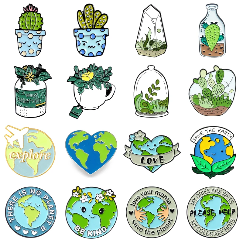 Cute Cartoon Green Plants Potted Flowers Cactus Enamel Pins Heart Airplane Love Earth Environment Fun Alloy Brooches Jewelry