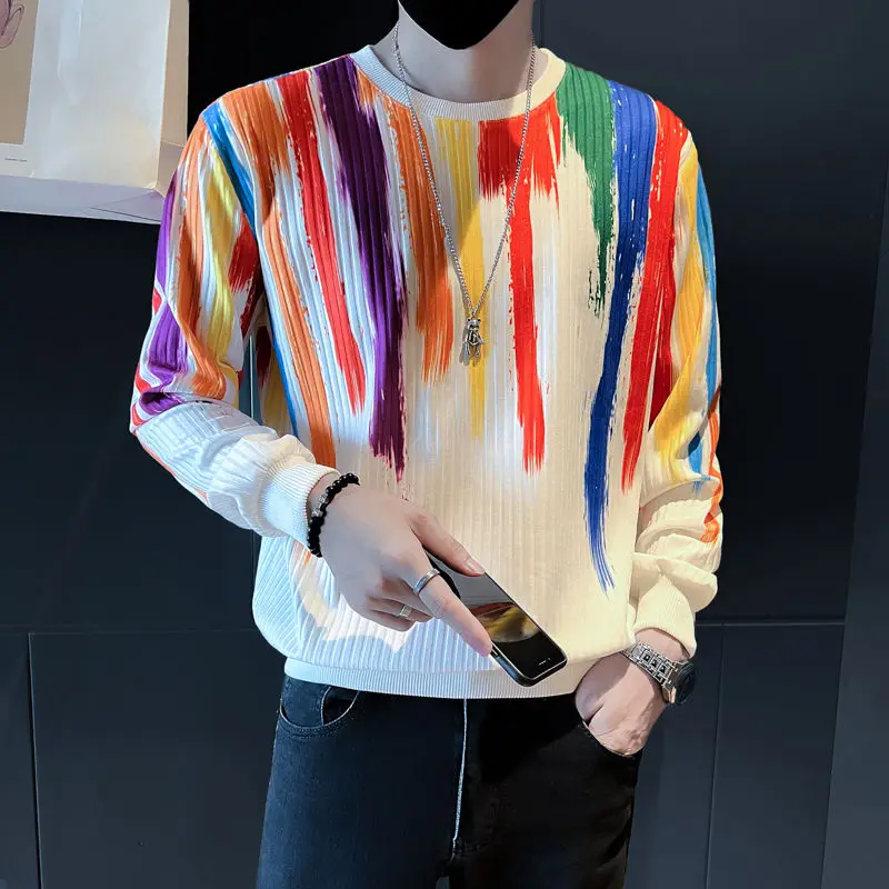 

Trend Versatile Spring Autumn Men's O-Neck Printing Contrast Color Fashion Casual Loose Long Sleeve Pullovers Sweatshirts Tops