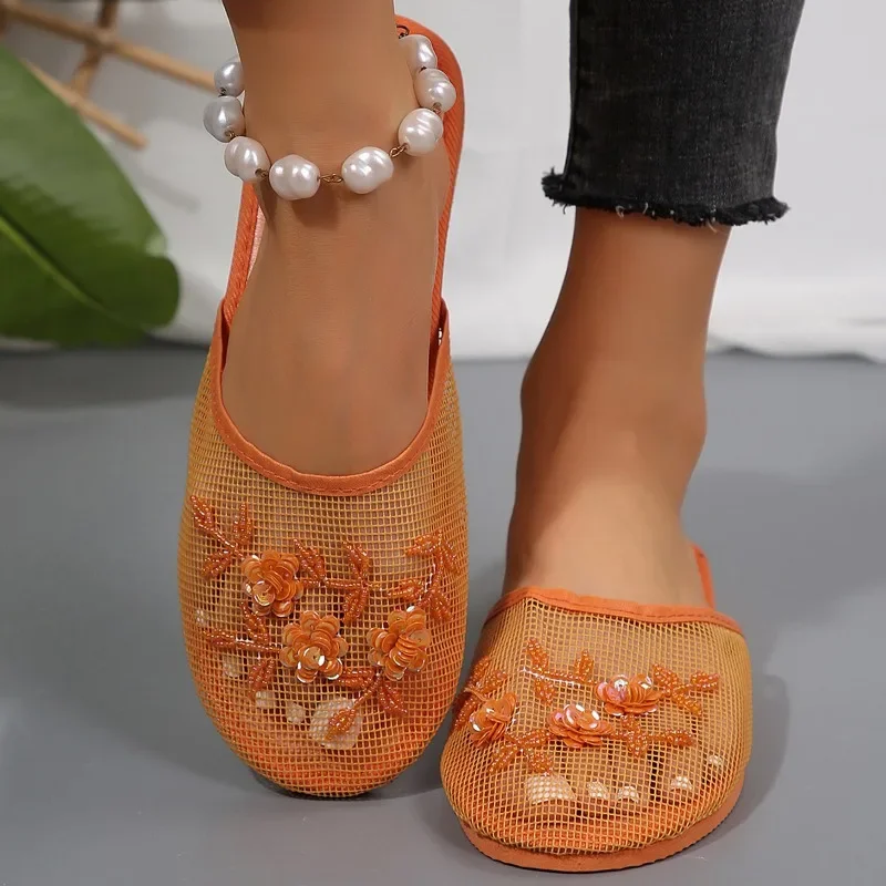 Baotou-Pantoufles Plates en Maille pour Femme, Chaussures à la Mode, Clip Floral, Nouvelle Collection 2024, Offre Spéciale