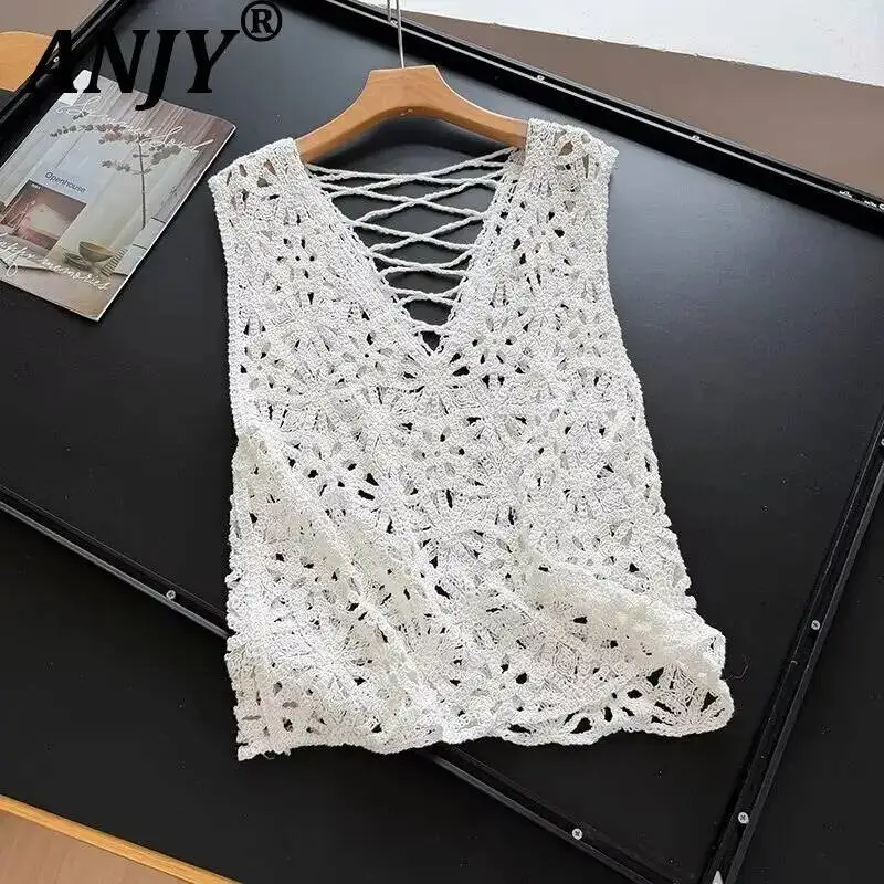 

ANJY Summer New Women Fashion Vacation Style Solid Color V-Neck Hollow Out Sleeveless Vest Loose Casual Ins Lace Tank Top A24557