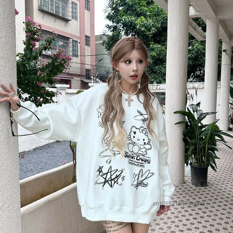 Hello Kitty Cotton Round Neck Printed Hoodie Women Loose Cute Trend Autumn Thin Pullovers Japanese Style Kawaii Casual Niche Top