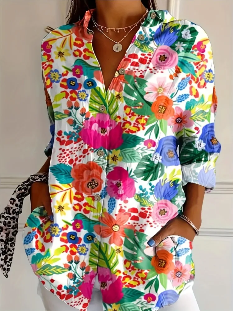 

Рубашка с цветочным принтом для женщин, повседневная праздничная пляжная винтажная рубашка в стиле бохо, топы, женская модная одежда с отложным воротником и длинными рукавами, новинка