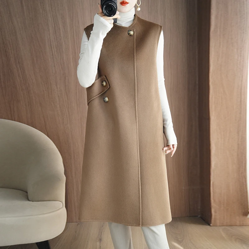 Ladies' 100% cashmere thick double-sided long sleeveless coat, classic multifunctional and fashionable, suitable for business an