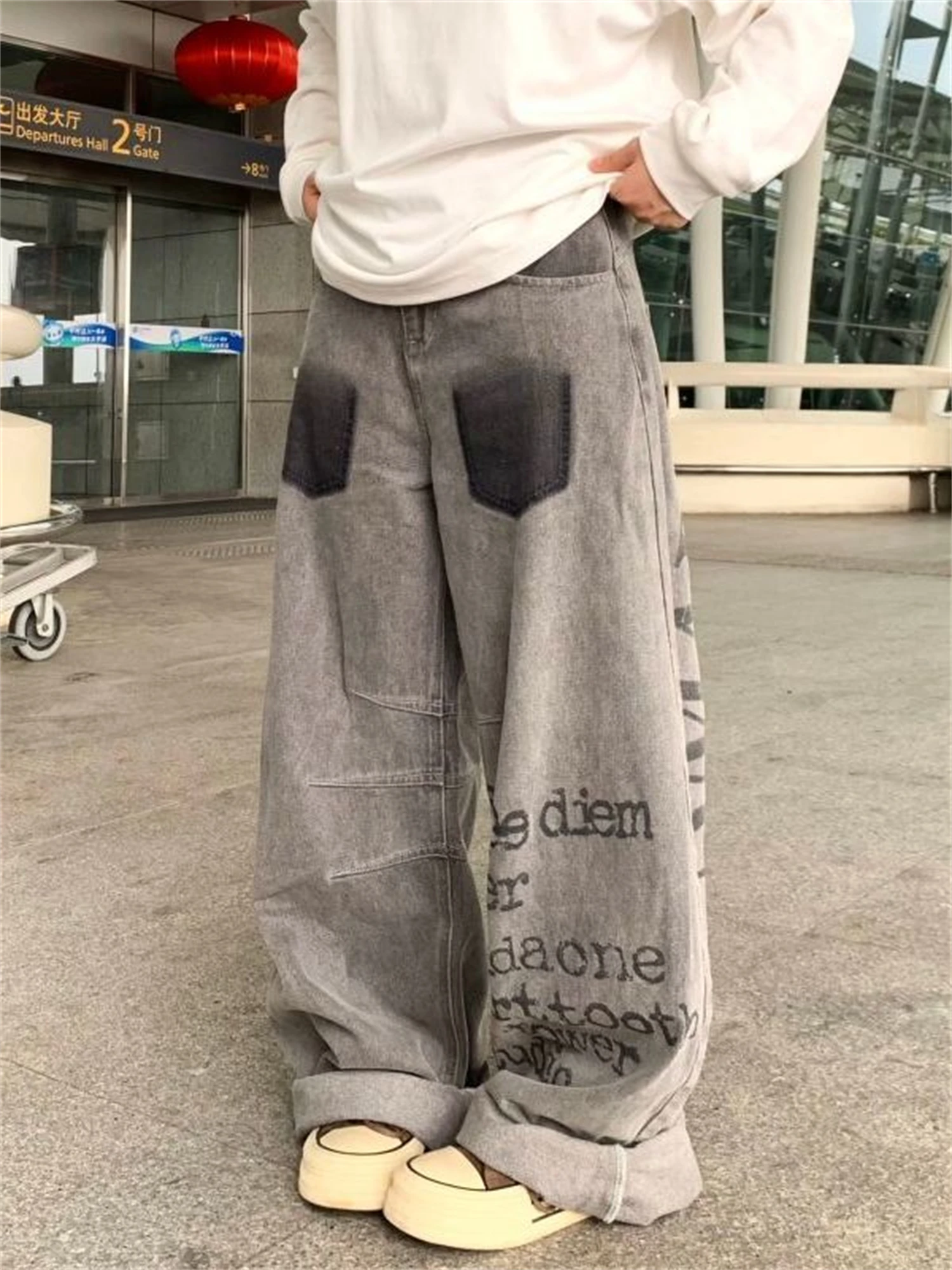Women's Grey Washed Denim Wide Leg Jeans New Fashion Letter Print Contrast Pockets High Waist Y2K Casual Streetwear Trousers