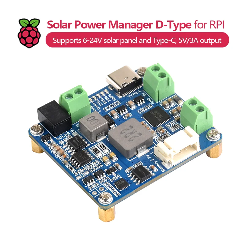 Solar Power Manager tipo D, admite panel solar de 6-24 V y tipo C, salida de 5 V/3 A, sin batería, para Raspberry Pi/Arduino.