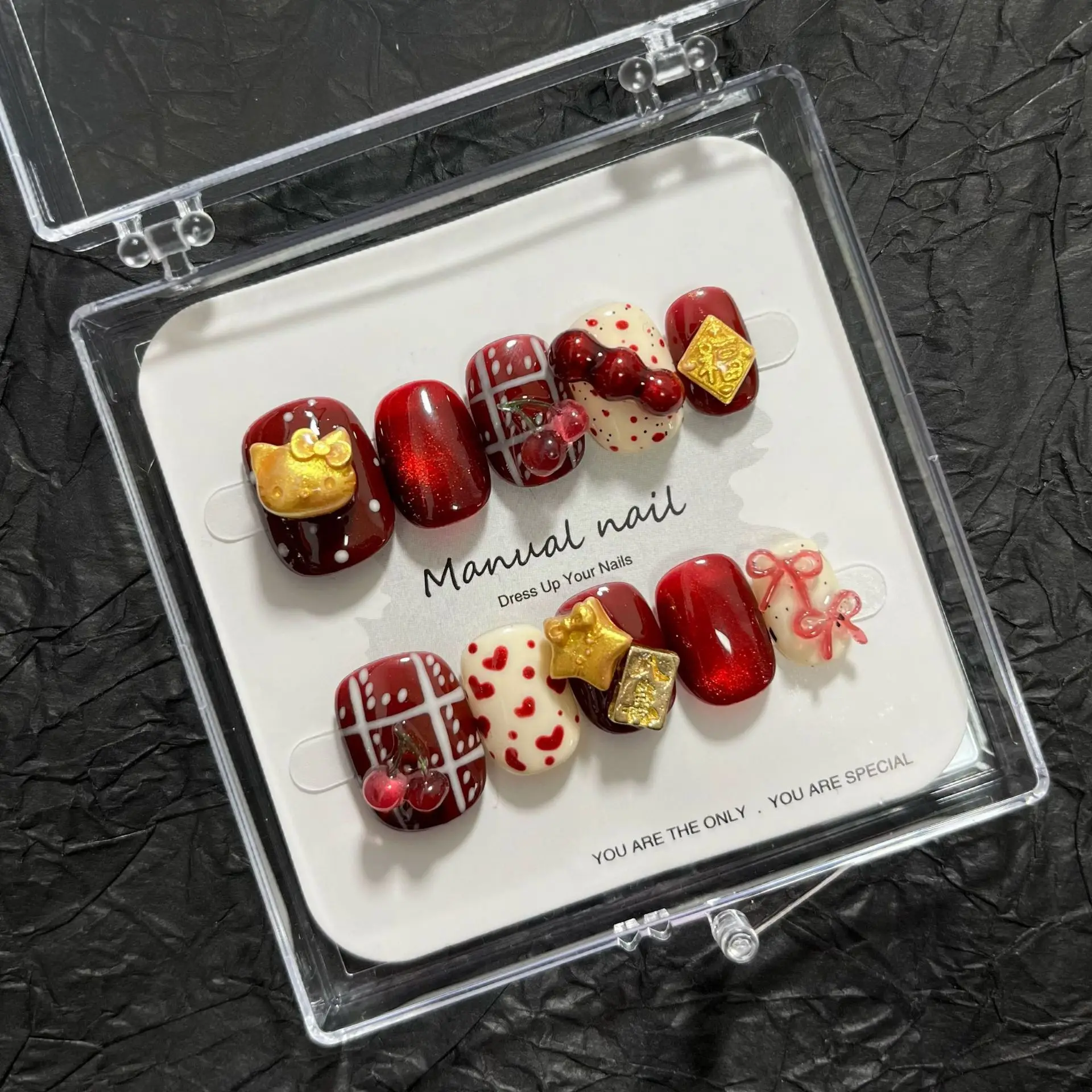 

10 шт., новый модный новогодний стиль, синий.золотой Hello Kitty, черный волшебный зажим, ручная роспись, съемные накладные ногти