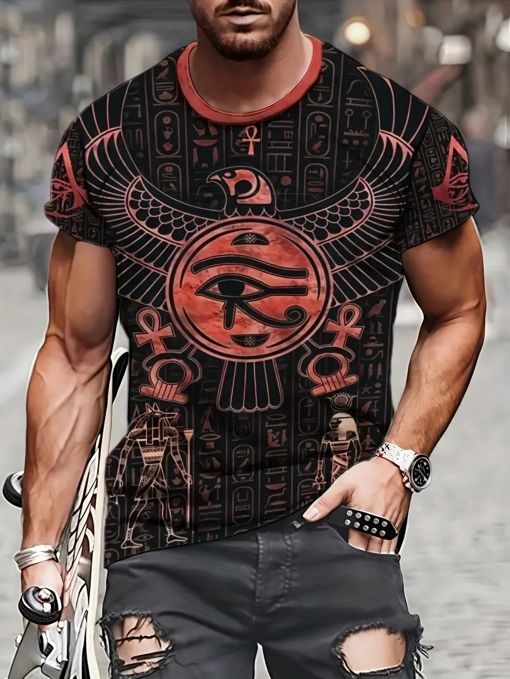 Vintage Men's Summer Creative Fashion 3D Digital Print T-Shirts Punk-Style Short-Sleeved Tops Various Colors Casual Clothes Man