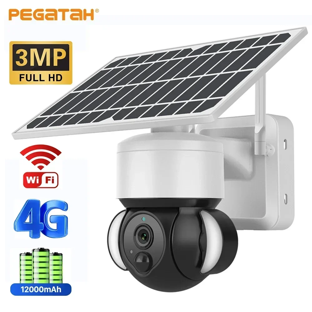

PEGATAH 3MP Solar Camera WIFI Outdoor PIR Detection Night Vision Surveillance CCTV Camera 6W Battery Powered IP PTZ Camera