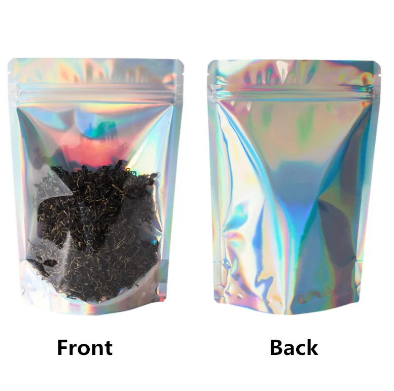 50 Stück Stand-Up Laser-Regenbogen-Ziplock-Beutel mit Selbstverschluss für Snacks, Schmuck, Kleidung, Transparente Kunststoff-Aluminiumfolie-Verpackung – Detail 3