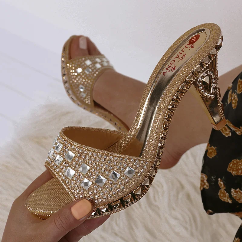 Summer Women Sandals Rhinestone Women Shoes Sexy High Heels Shoe Ladies Sandalias Gold Silver Women Slippers Heeled Sandals Sexy