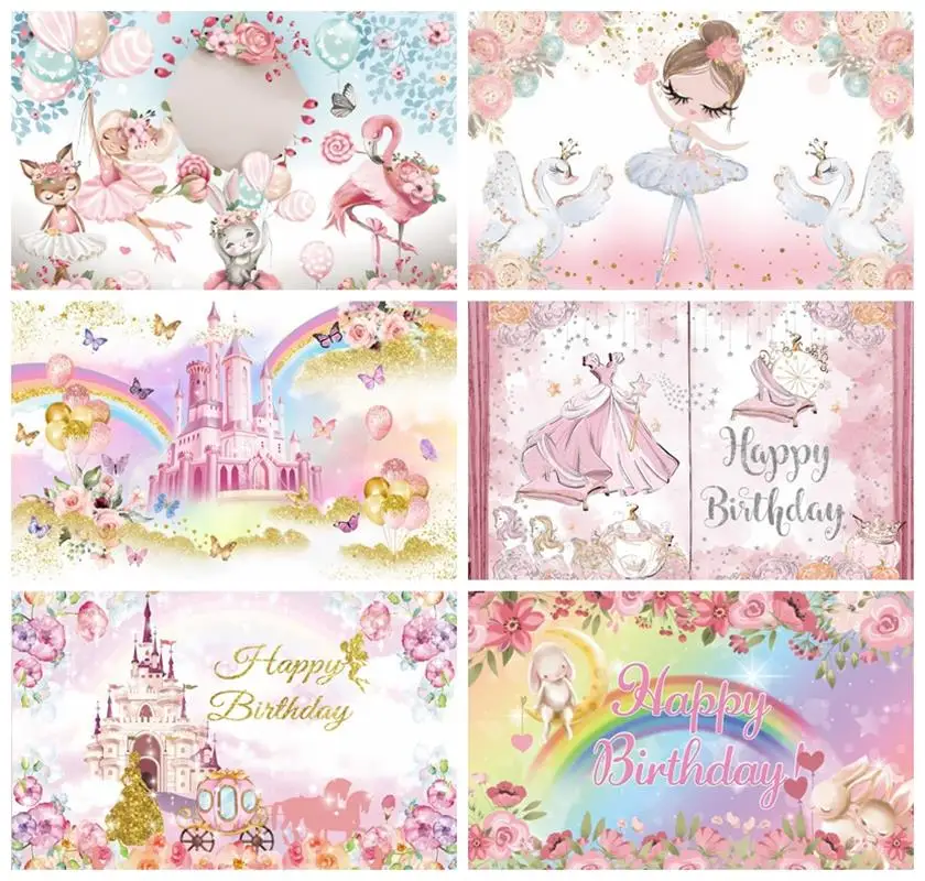 Laeacco Girl Birthday Photo Backdrops Ballet Bunny Flamingo Balloons Flowers Princess Baby Shower Newborn Photography Background