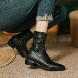 Designer Vintage Square Toe Women Slim Ankle Boots Fashion Elegant Zippers Shoes Autumn Stretch Women's Short Booties