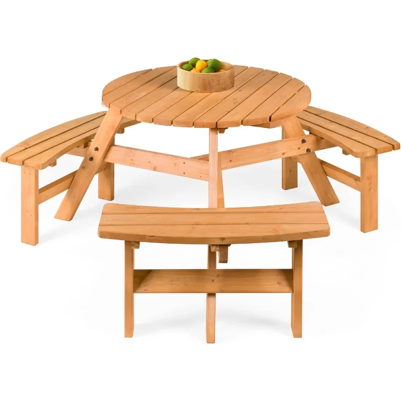 6-Person Circular Outdoor Wooden Picnic Table for Patio, Backyard, Garden, DIY w/ 3 Built-in Benches, 500lb Capacity - Natural