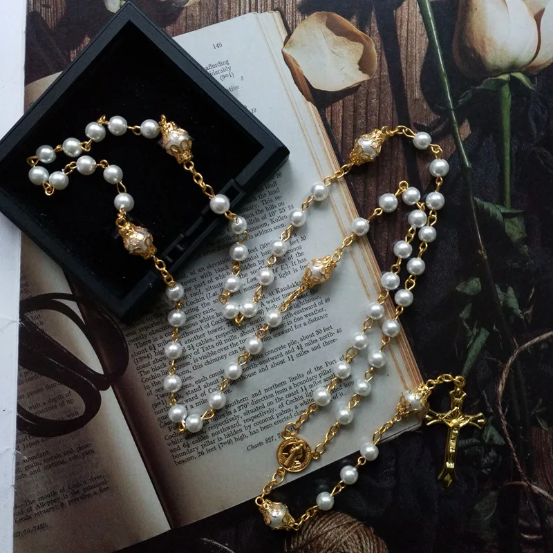 QIGO White Imitation Pearl Rosary Necklace With Cup Crucifix Cross Saint Benedict Pendant Catholic Jewelry