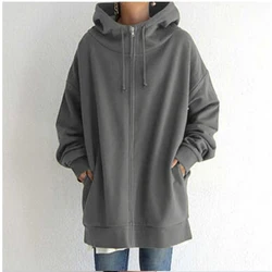 Harajuku Warm Women Long Hoodies Zipper Oversized Long Sleeve Hooded Jacket Winter Sweatshirts Lady Elegant Pullovers Gray Black