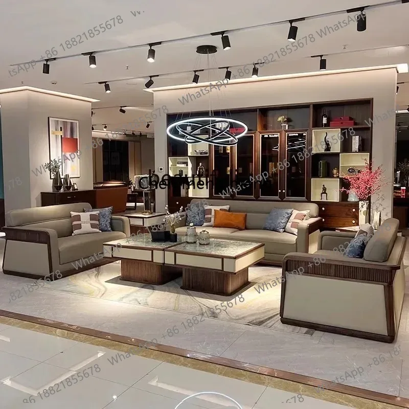 LHY26 ssss 26 New Chinese-style North American black walnut sofa, modern living room, ebony solid wood leather sofa