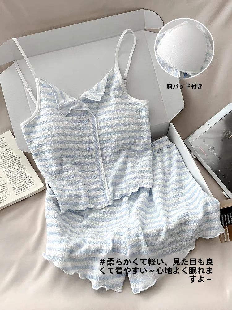 ブルーストライプの寝間着女性用スタイル夏用スイートハイセンセーションアウターウェアカプレットパッド入り快適な通気性のあるモーダル生地 1