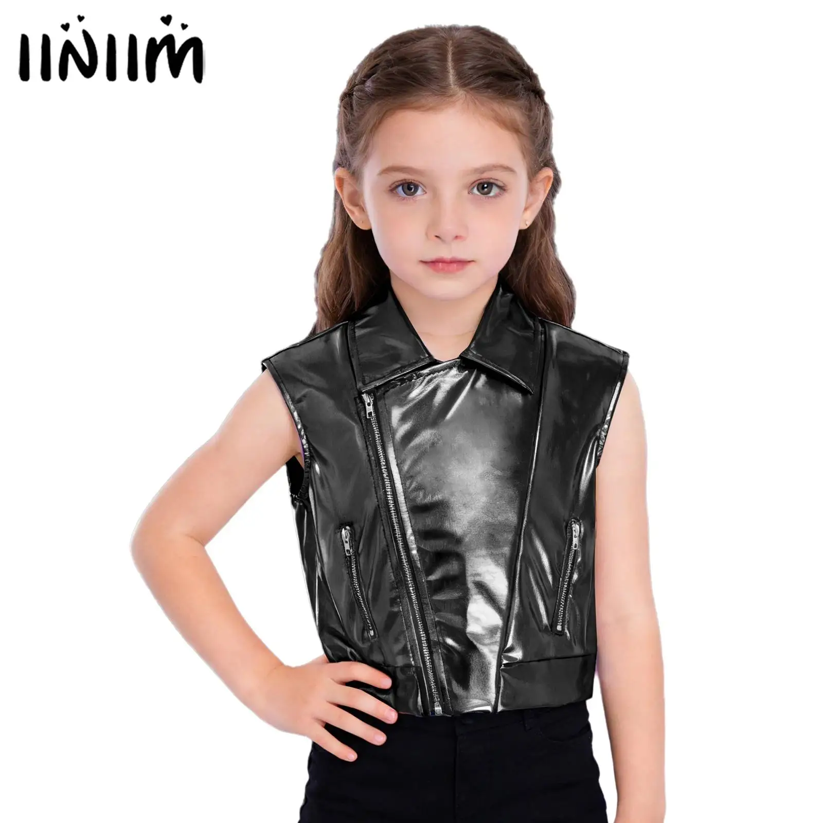 Kids Boys Girls Zipper Metallic Hip Hop Jazz Dance Jacket Tops Performance Costume Turn-Down Collar Vest Sleeveless Outerwear