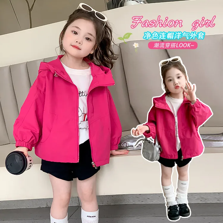 

Girls' Vibrant Pink Hooded Windbreaker, 2025 Autumn Fashion Jacket, Casual Long - Sleeve Outerwear for Toddlers Cute Kids' Coat