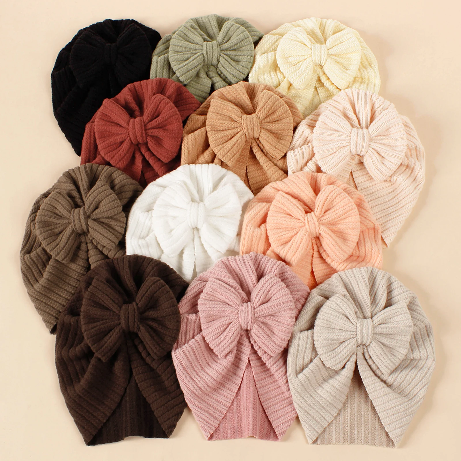 12pc/lot New Cotton Rib Bow Baby Turban Hat Cute Newborn Boys Girls Knotbow Bonnet Infant Turban Hair Accessories Wholesale