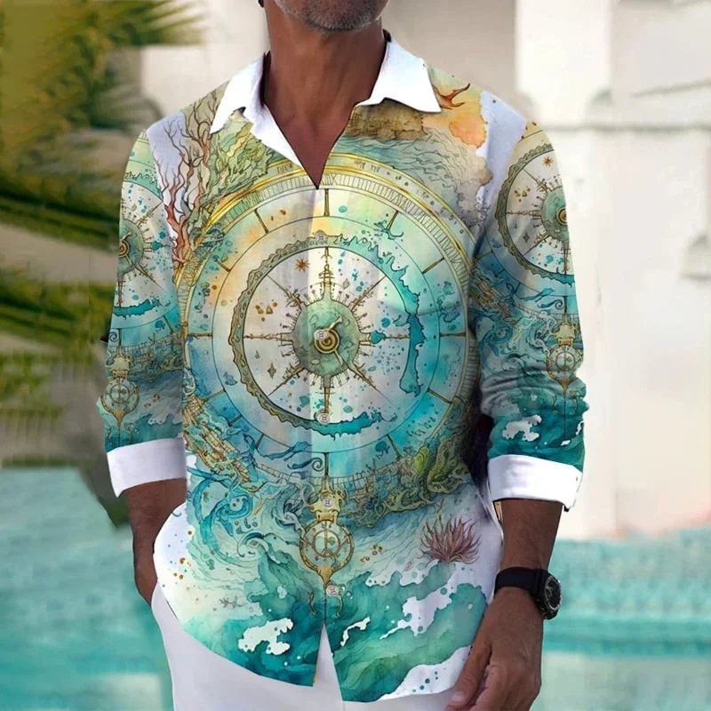 

Men's New Impressionist Pattern 3D Printed Ocean Art Flower Pattern Men's Long Sleeved Button Comfortable Lapel Casual Shirt Top