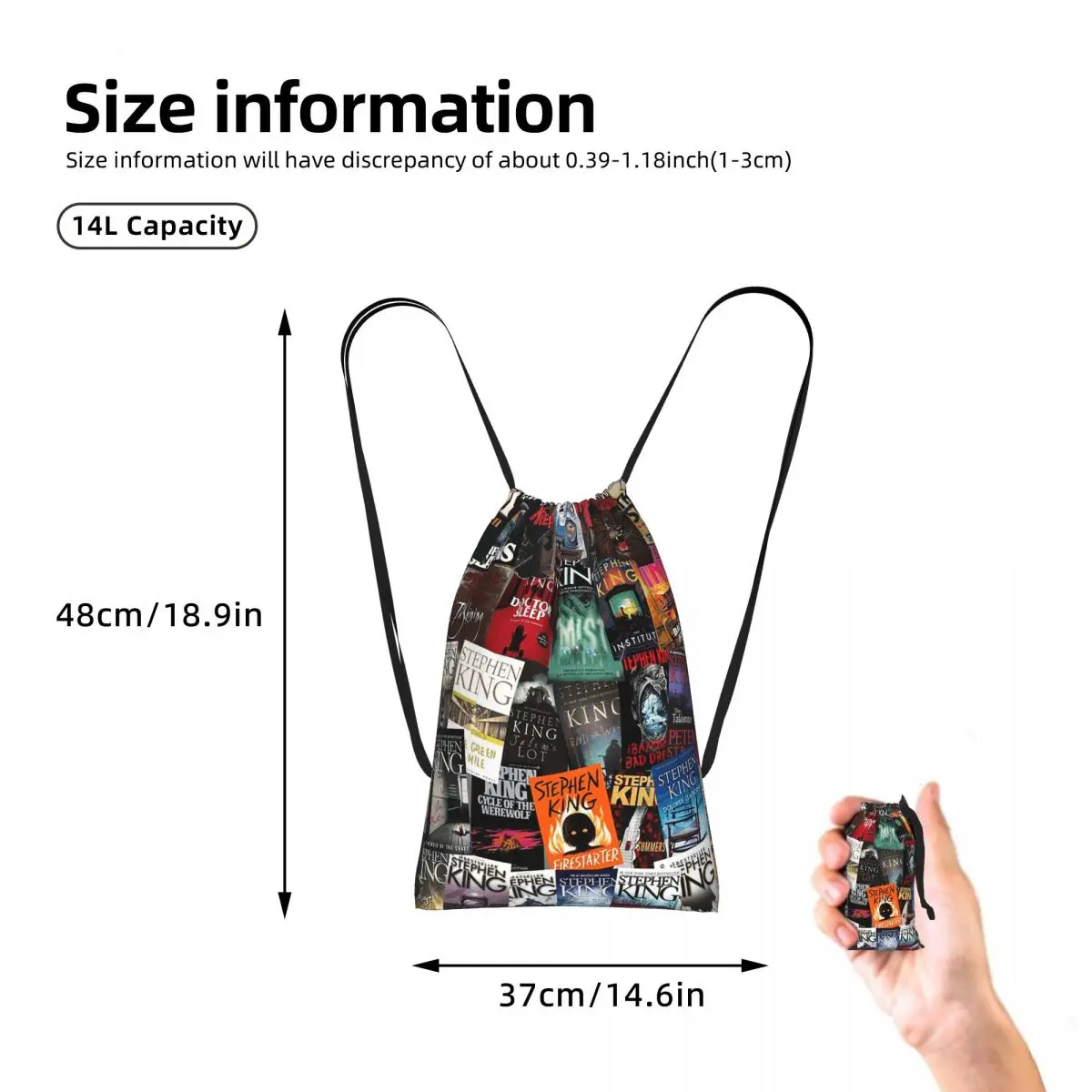 Stephen King Book Covers, Horror Bookworm Drawstring Backpack Sports Gym Bag Lightweight Storage Drawstring Bag for Men Women