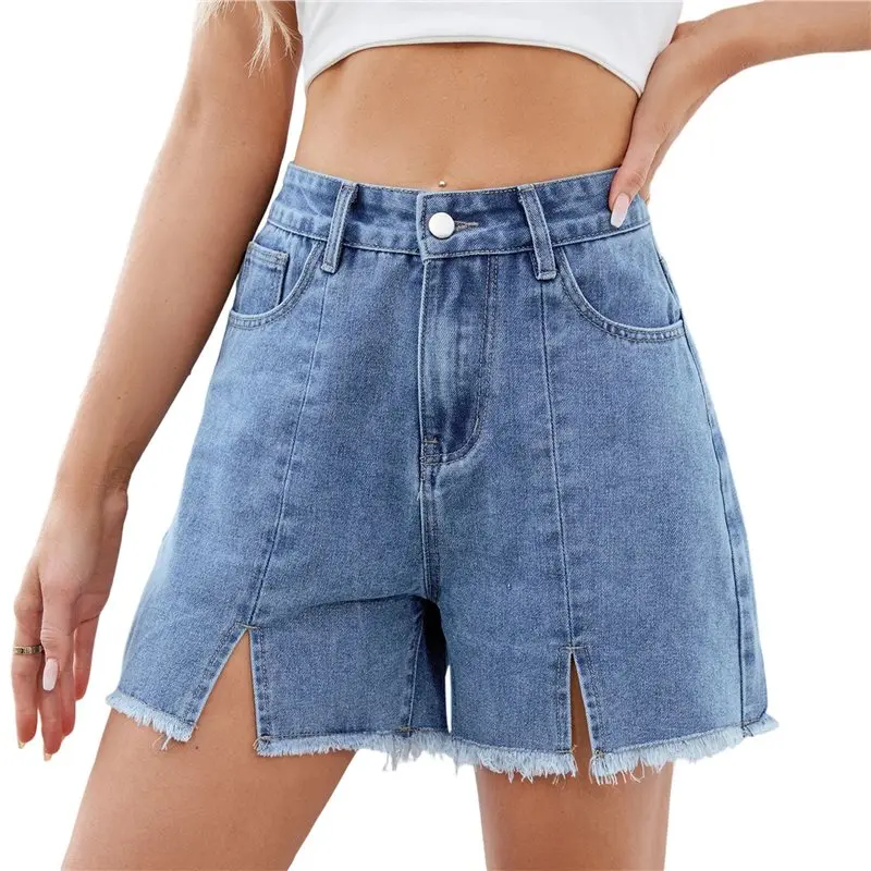 

CYL-Jean Shorts For Women High Waisted Stretchy Casual Denim Shorts Front-Slit Frayed Hem Summer Trendy Jorts
