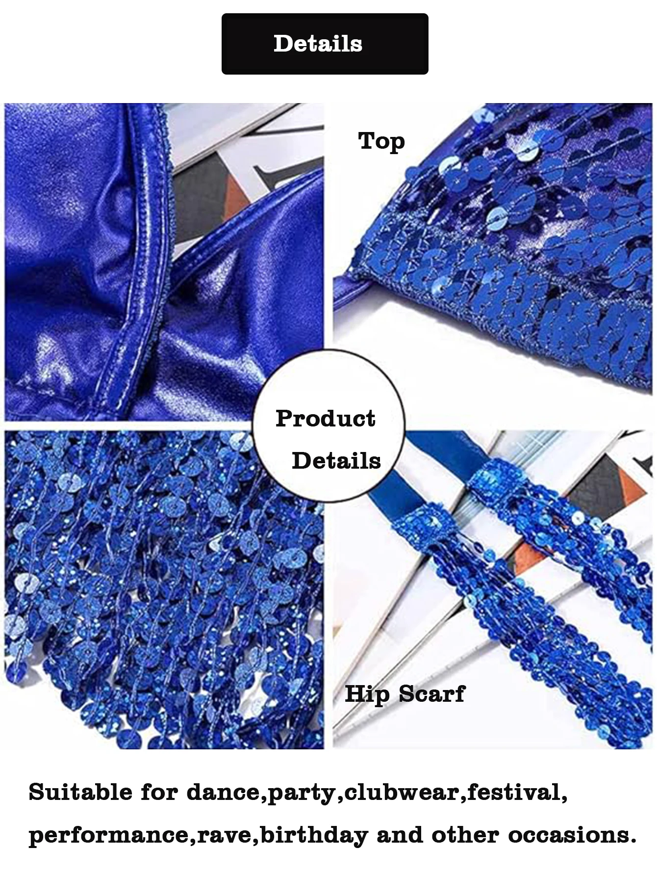 Bauchtanz Top BH Gürtel Set Latin Pailletten Fransen Neckholder Hüftrock Sexy Party Kostüm 4-lagige Quaste Bühnenaufführung Stoffkleidung – Detail 14