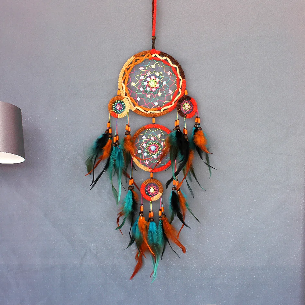 Colorful Feather Dream Catcher Five Ring Dreamcatcher Warm Indoor Home Decoration Bedside Wind Chime Pendant Creative Girls Gift