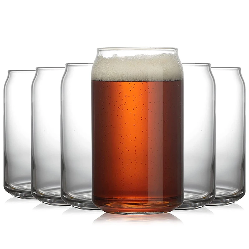 400ml Can Shaped Glass Cups, 6 Pack Cups for Kitchen, Stylish Beer Can Glass, Soda Glassware Set, Iced Coffee Glasses